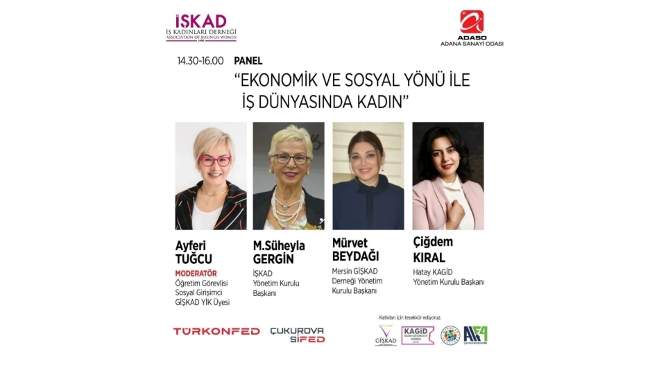Adana Ticaret Odası toplantı salonunda İŞKAD İş Kadınları Derneğinin " Ekonomik ve Sosyal Yönü ile İş Dünyasında Kadın " Paneline ŞÖNDER Yönetim Kurulu Başkanı olarak panele katılım sağladık, davetlerinden dolayı İŞKAD Yönetim Kurulu Başkanı M.Süheyla GERGİN,Mesrn GİŞKAD Başkanı Mürvet BE
